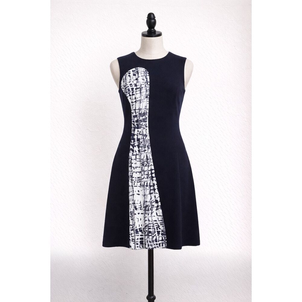 Prabal Gurung Navy Abstract Panel Sleeveless Flare Dress Women’s 12
